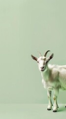 A cute goat standing on a solid light green background with space above for text