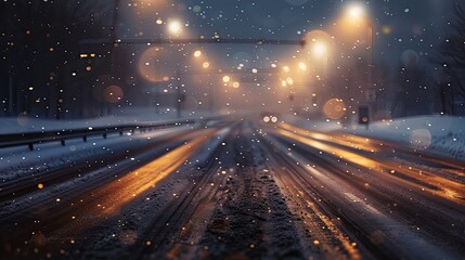 Close-up of the highway on a winter evening