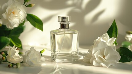 A bottle of clear white perfume, surrounded by gardenia flowers and a plain background.