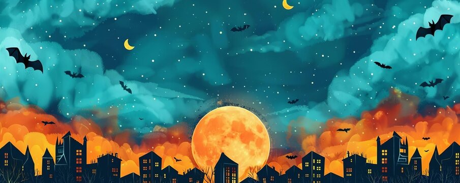 Halloween frame, room for text, bats and full moon, flat design illustration