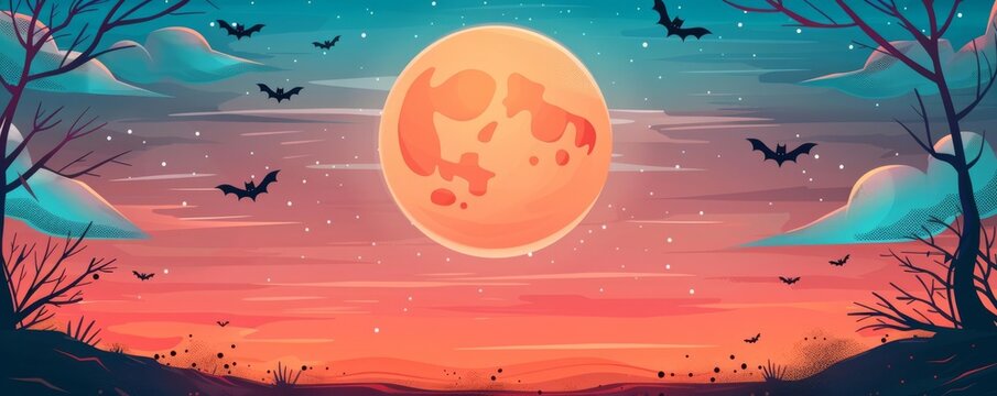 Halloween frame, room for text, bats and full moon, flat design illustration