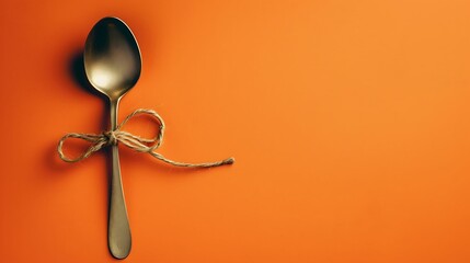 Silver spoon tied with string against a vibrant orange backdrop