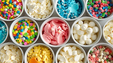 Shop with plastic bowls or containers full of white chocolate chips multi colored sweets and toppings to add to the ice cream