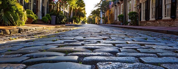 Fototapeta premium Historic Charleston street with cobblestone roads and classic architecture, copy space for text, focus cover all subject, deep depth of field, nodust