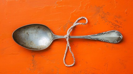 Silver spoon tied with string against a vibrant orange backdrop