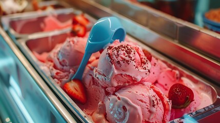 Strawberry ice cream with blue scoop in display freezer