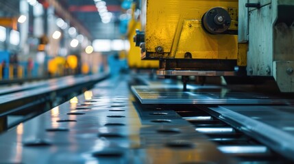 Fototapeta premium Close-up of pressing machine pressing metal sheets in an industrial factory