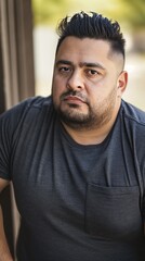 Fototapeta premium Man with a serious expression and facial hair stands in front of a wall
