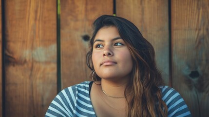 Fototapeta premium A woman stands outside, looking up, with a thoughtful expression