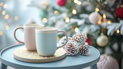 Fototapeta premium two pastel colored mugs on a small portable table with christmas decorations