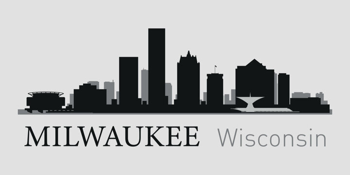 The city skyline. Milwaukee, Wisconsin. Silhouettes of buildings. Vector on a gray background