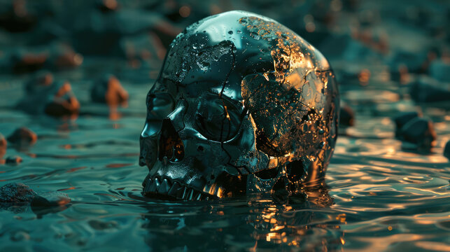Metallic skull rises from liquid in futuristic scene, alien and cyberpunk styles - Powered by Adobe