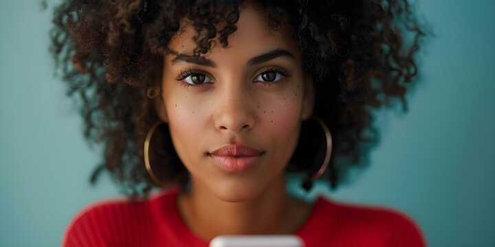 Concerned Young Black Woman with Phone at Risk of Online Crime. Concept Online Safety, Cybersecurity, Personal Protection, Digital Privacy, Internet Threats,