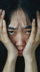 Fototapeta premium A young Asian woman with dark hair covers her face with her hands, expressing sadness