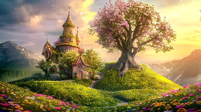 Fantasy landscape with castle and pink tree on the hill at sunset. Seamless looping time-lapse 4k video animation background