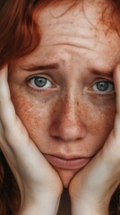 Woman with freckles and red hair rests her head on her hands, looking down with a sad expression