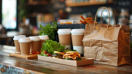 Vegan lunches and reusable shopping bags to take home in reusable coffee cups and paper containers