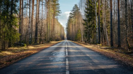 Naklejka premium Empty road in summer through leafless forest with sky 