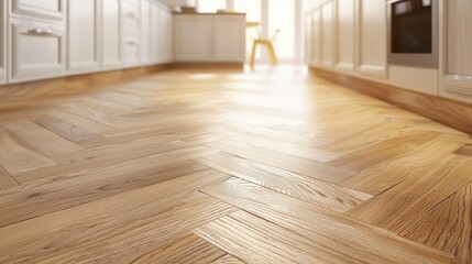 Wooden parquet floor with a herringbone pattern, showcasing the natural grain and knots of the wood