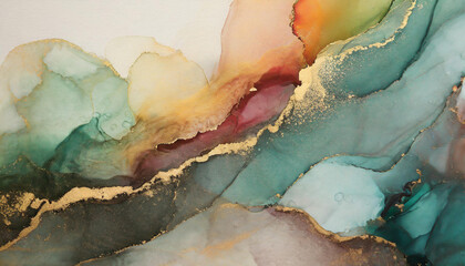 Abstract Fluid Art Painting with Gold Accents Featuring Earthy Hues of Red, Orange, Green, and Blue, Emulating a Serene Natural Landscape with Subtle Textural Contrasts. Alcohol whatercolor ink