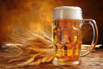 A full glass of beer with a thick head sits on a wooden table, accompanied by a bundle of wheat stalks.