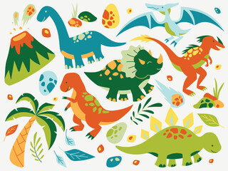 Colorful Dinosaurs with Volcano © adinuranjaya