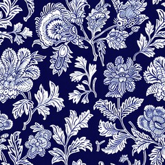 Detailed Indian Paisley Flower and Leaf Repeat Pattern