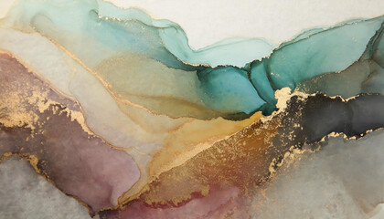 Abstract Fluid Art Painting with Gold Accents Featuring Earthy Hues of Red, Orange, Green, and Blue, Emulating a Serene Natural Landscape with Subtle Textural Contrasts. Alcohol whatercolor ink