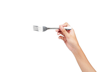 Female hand holding fork isolated transparent