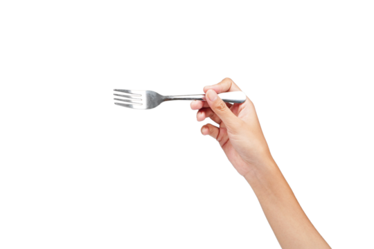 Female hand holding fork isolated transparent