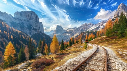 Fototapeta premium Landscape with train and tracks through a mountain path