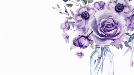 Elegant geometric floral frame with hand-drawn watercolor purple roses and anemones in a glass vase on a white background