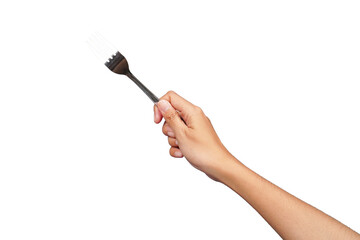 Female hand holding fork isolated transparent