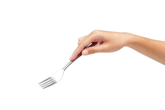 Female hand holding fork isolated transparent
