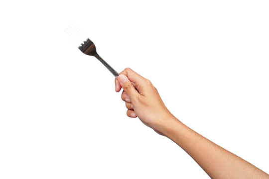 Female hand holding fork isolated transparent