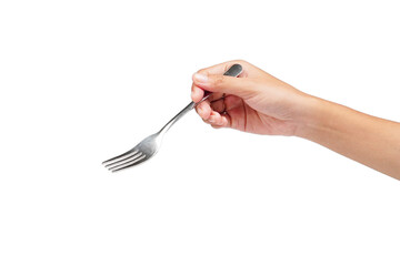 Female hand holding fork isolated transparent