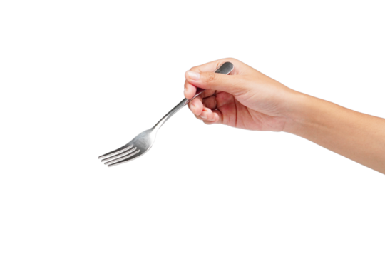 Female hand holding fork isolated transparent