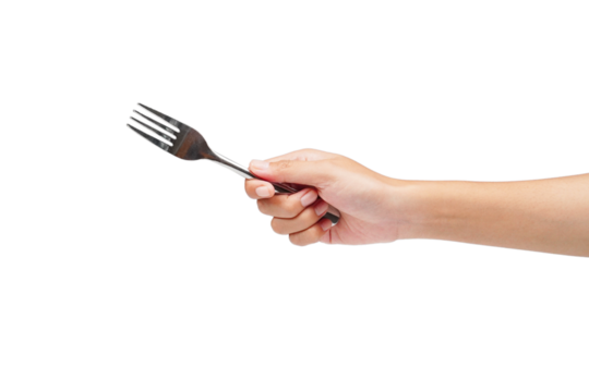 Female hand holding fork isolated transparent