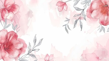 Delicate Loose Watercolor Doodle Line Art Peony Flower Bouquet Frame with Minimalist Banner Background for Elegant Design Concepts