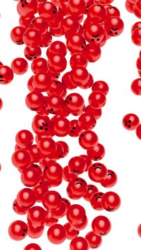 Falling red glossy balls with sad or angry face on white background. Cartoon realistic vertical video for social media design. 3d animation with alpha matte channel.