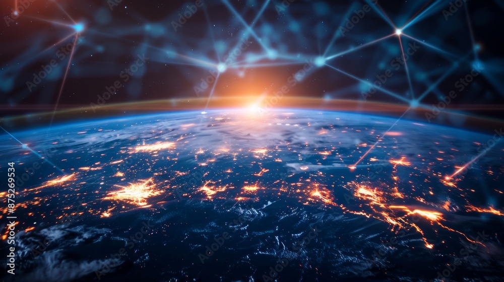 Poster global network growth concept and data connectivity abstract science technology data networks around