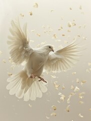 Fototapeta premium White Dove Flying Through Petals