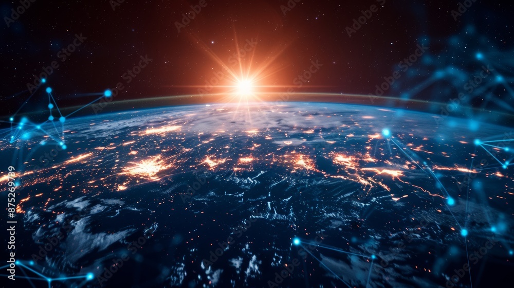 Poster global network growth concept and data connectivity abstract science technology data networks around