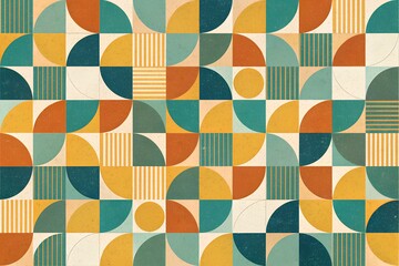 Old grid with colorful shapes in teal, mustard, and olive. Ideal for prints, wallpapers, and decor