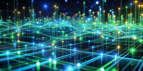 Obraz premium Abstract Digital Network - Green and Blue Lines with Glowing Dots