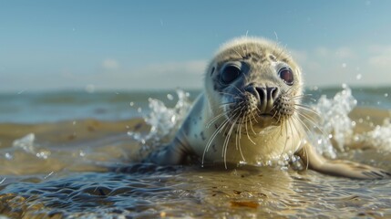 Obraz premium A playful baby seal pup splashes playfully in a shallow, sunlit sea under a vast, clear blue sky.