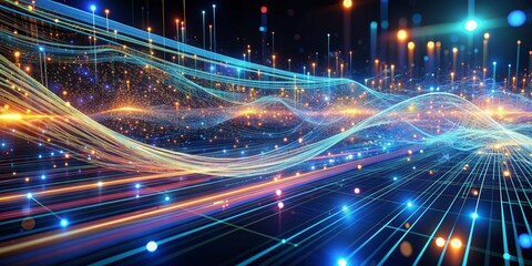 Fototapeta premium Abstract Digital Network with Glowing Lines and Light Spots - Technology, Data, Future, Connection, Network