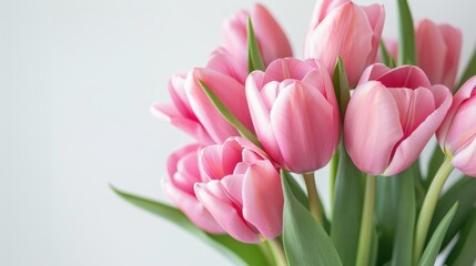 Fototapeta premium Bouquet of Pink Tulips on White Background Close-up of a beautiful bouquet of pink tulips with green leaves against a clean white background, showcasing their elegance and vibrancy