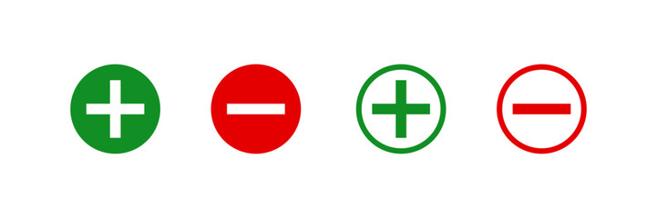 Math icon set. Green plus and red minus signs on white background. Isolated plus and minus symbols vector elements.