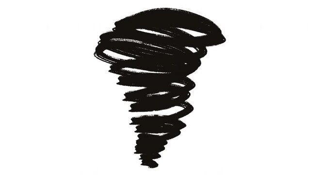 Cartoon animation black tornado in grunge doodle style. 2d effect on white background.